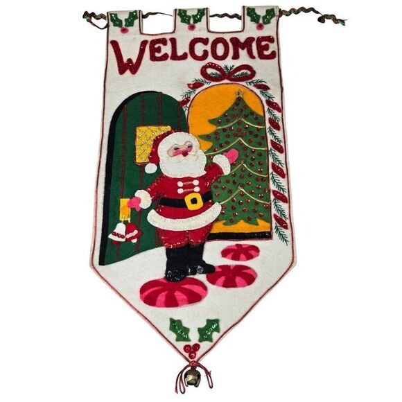 Vintage Christmas Santa Welcome Wall Hanging Tapestry Jingle Bell